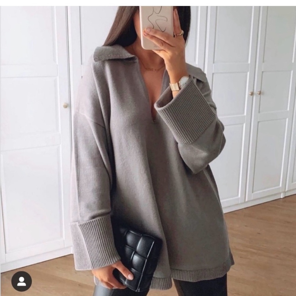 Zara Taupe Oversized V-Neck Collared Sweater